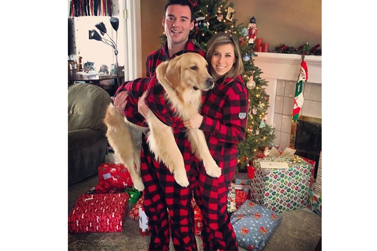 girl and dog matching pajamas