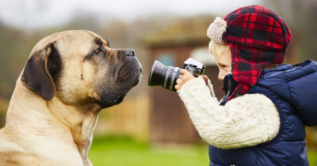 a little boy takes a picture of his dog