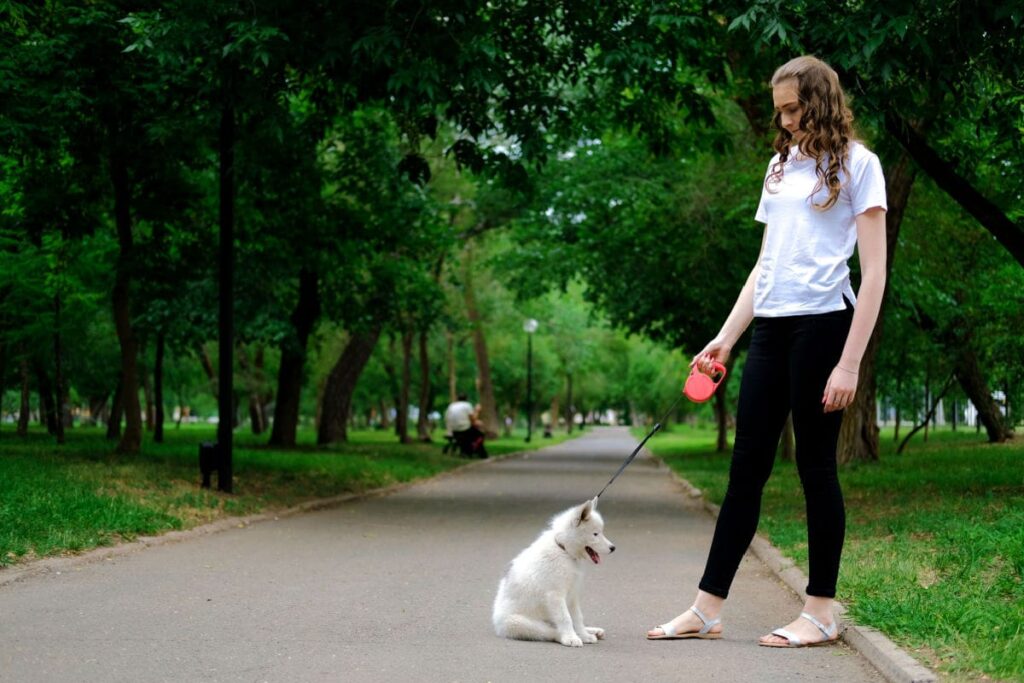 girl walking her dog in a park using a retractable leash