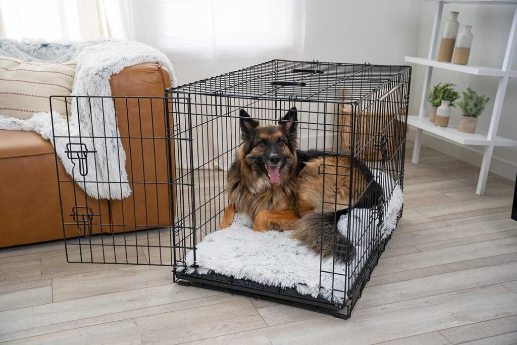 german shepherd in crate