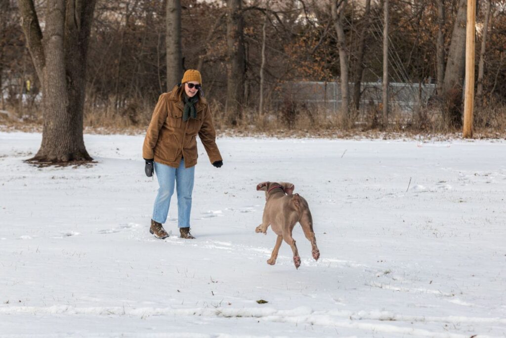 woman dog recall training in snow
